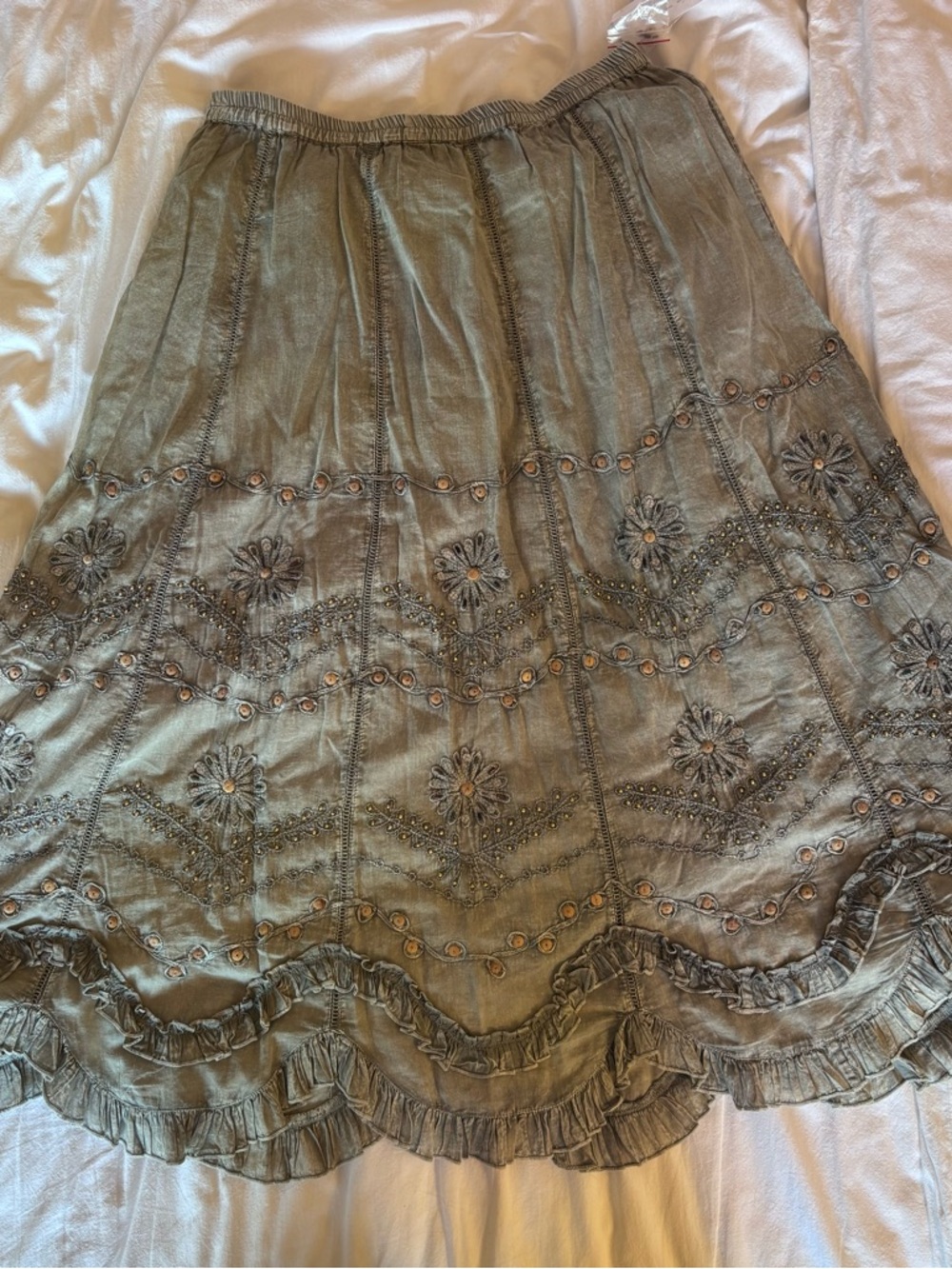 NWT Soft Surroundings Portia Skirt PM Petite Dusty Aqua Boho Embroidered Beaded